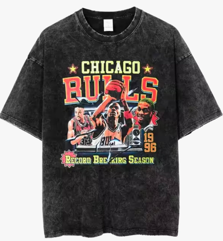 Bulls Printed T-Shirts Streetwear Vintage Washed Chicago Basketball Star T shirt Casual Fashion Hip Hop Tops Tees Men 100%Cotton