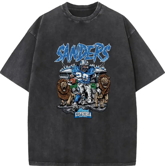 Men's Vintage "Sanders" Graphic T-Shirt - 100% Cotton, Washed Blue with Football & Dog Design, Short Sleeve, Round Neck, Casual Loose Fit Tee for Sports & Leisure, Sports Fan Apparel|Sporty Casual Shirt|Washed Blue Fabric