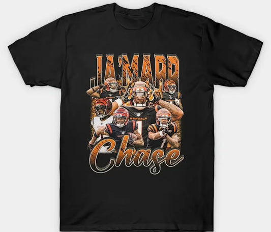 Men's Ja'marr Chase Vintage Bootleg Cotton T-Shirt - Comfortable Round Neck, Short Sleeves, Sports-Inspired Design with Player Silhouettes and Cincy Chase Lettering, 180g Fabric Weight